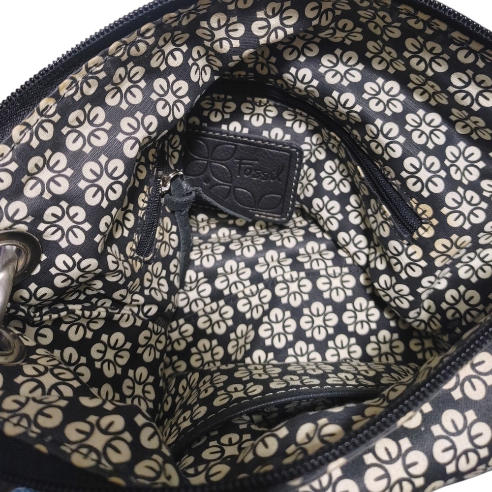 Fossil Black Beige Boho Graphic Canvas Leather Crossbody Bag Handbag Purse - Picture 9 of 10